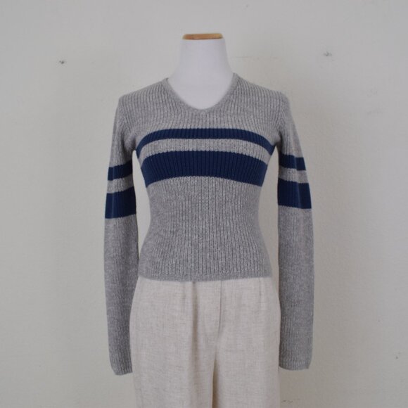 Vintage 90s Gray Striped Acrylic/Cotton V-Neck Crop Sweater Blue Alphast size M - Picture 5 of 10